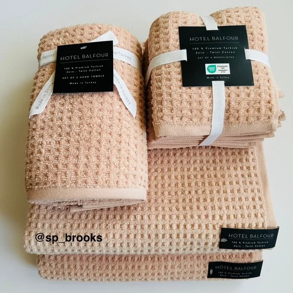 🎁10PC Hotel Balfour Bath Towel Set - Zero Twist Cotton -Waffle- Pale Petal Pink