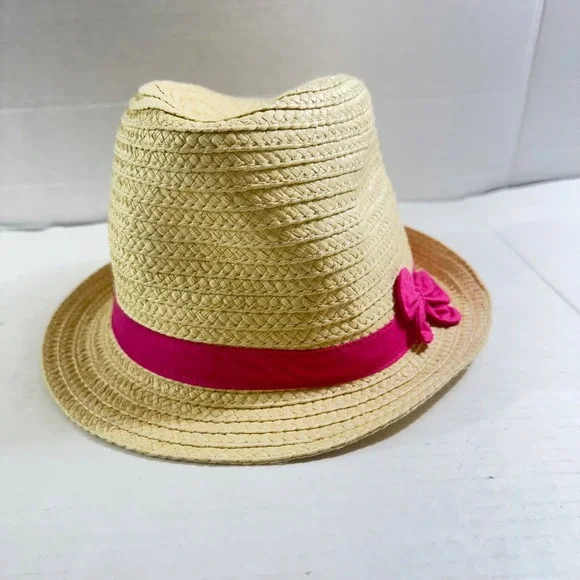 Y2K Chic Gymboree‎ Girls Straw Fedora Hat Pink Bow Tan Paper Sun Hat Size L BOHO