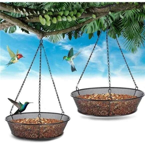 2 Pack Hanging Bird Feeder for Garden Yard Outside - Metal Mesh Platform Tray
