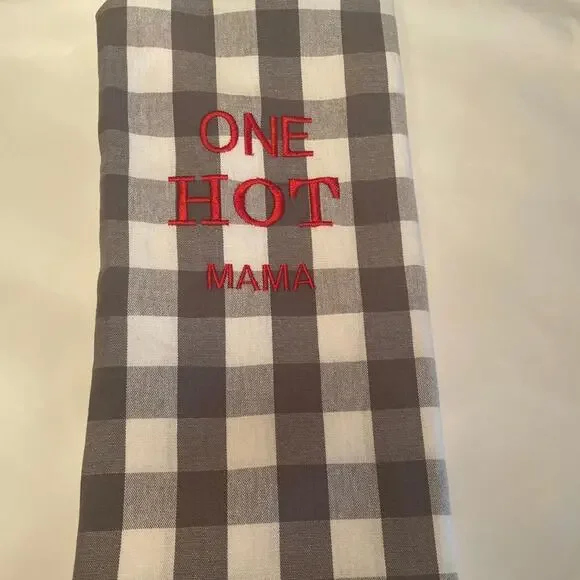 “One Hot Mama” Embroidered Tea Towel Gray/White Checked New