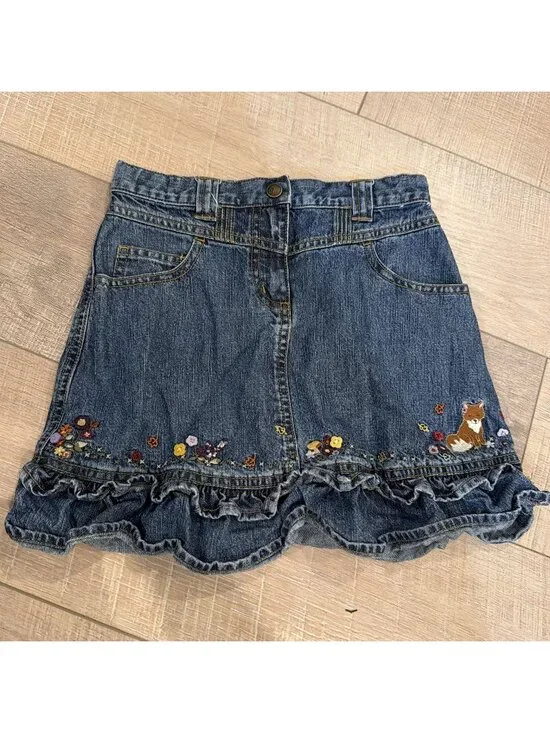 GYMBOREE GIRLS SIZE 8 DENIM SKIRT FLORAL FOX