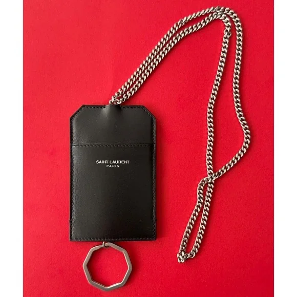 SAINT LAURENT black leather curb chain card holder with keyring