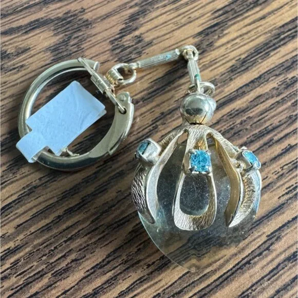 Vintage Faceted Glass Heart Keychain Curved Oval Rhinestone Mounting FOB