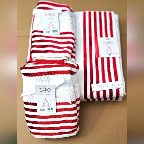 💥6pc CARO HOME 100% Cotton Stripe Bath Towel Set - Valentine's Red/White