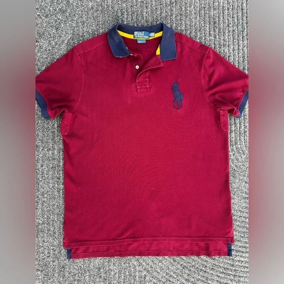 Ralph Lauren Preppy Mens Burgundy Polo Shirt w/ Navy Big Pony Rugby Vintage