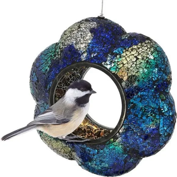 Indigo Flower 9-Inch Round Fly-Through Bird Feeder - Crackled Glass Design