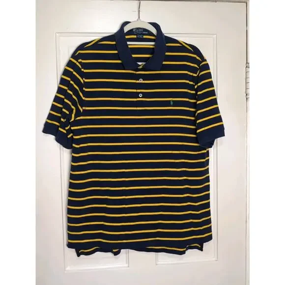 Polo Ralph Lauren Shirt Blue Yellow Stripes Equestrian Golf Men's L Pima(1186)