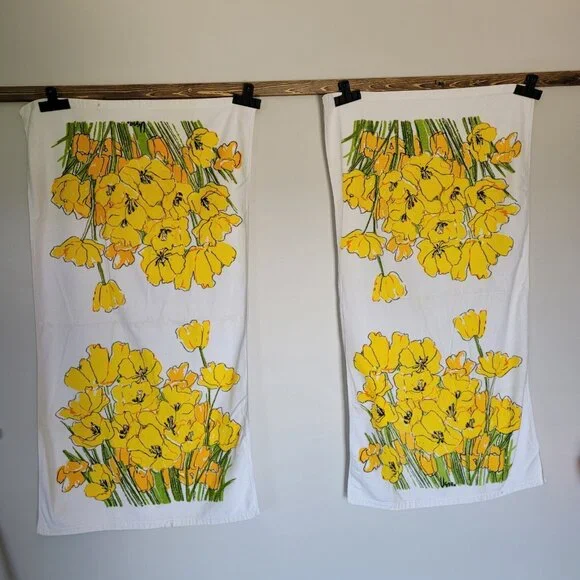 Vintage Vera Neumann Bath Towels - Peony (2) Yellow Floral Cotton U.S.A.