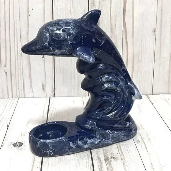 Vintage Ceramic Dolphin Figurine Oil Diffuser Candle Holder Blue Marble Finish