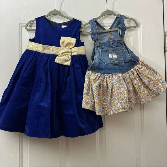 Gymboree Blue Velvet Dress and Osk Kosh Floral Print Denim Jumper Dress bundle