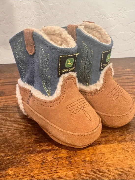 John Deere Booties Warm Sherling Johnny Poppers Baby Boots Size 0 Brown Leather