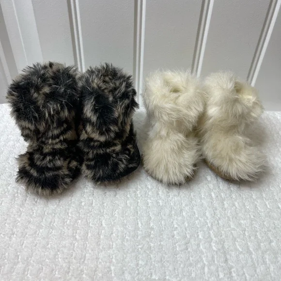 2 PAIR Stuart Weitzman Fluffy Baby Booties in Cream size 1 & Animal print size 2