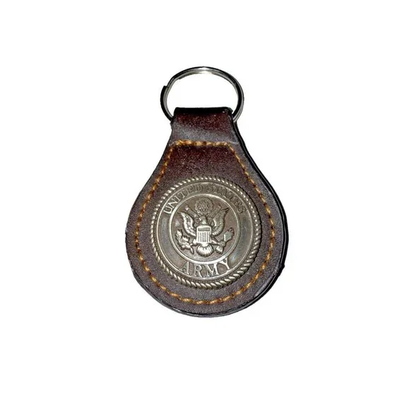 US Army Brown Leather Silver Concho Military Key Ring Chain Unisex