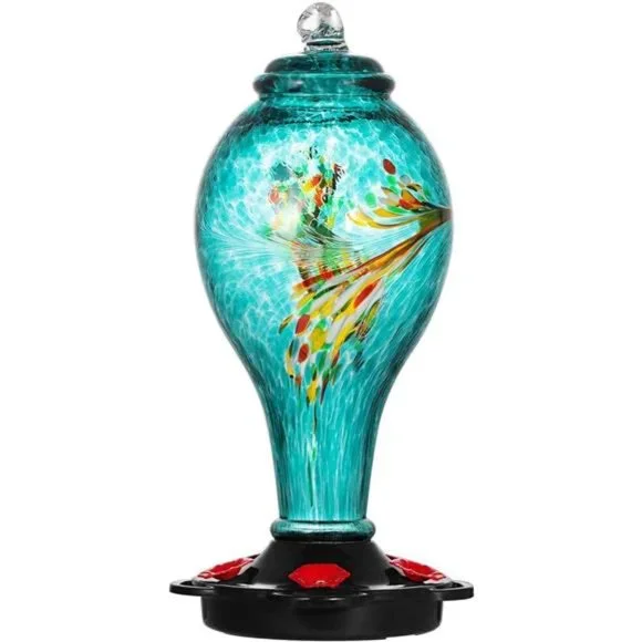 Hummingbird Feeder,Hand Blown Glass Hummingbird Feeder,Never Fade,36 Fluid Ounce