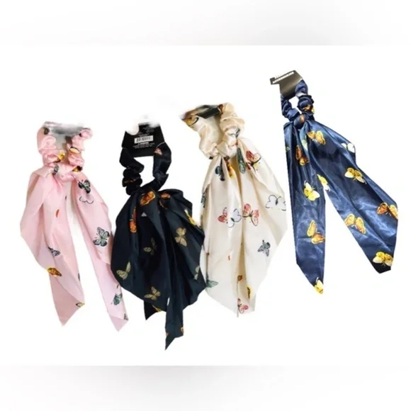 4 Butterfly print satin look black, pink, blue‎ ivory hair scrunchie scarves new