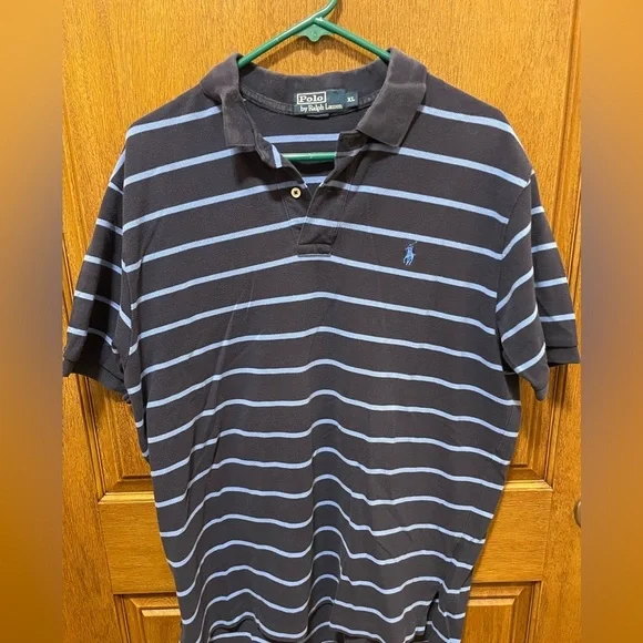 Ralph Lauren Men's Polo Shirt in Navy and Light Blue Stripes