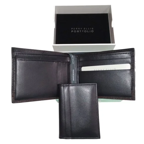 NWT Premium Leather 2 PC SET Portfolio Passcase Bifold Wallet Colorblock