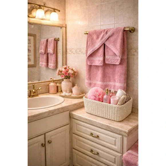 Vintage 1980s Set 5 Cannon Pink Greek Key Trim Bath Hand Towels and Wash Cloths