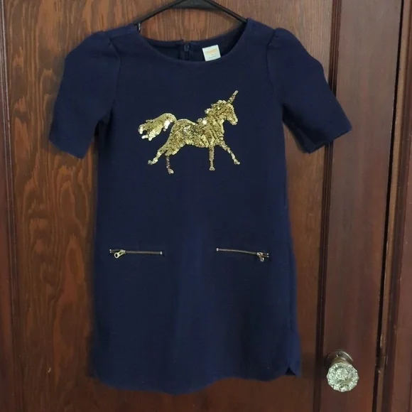 Gymboree Blue with Sequin Gold Unicorn Dress Size 6