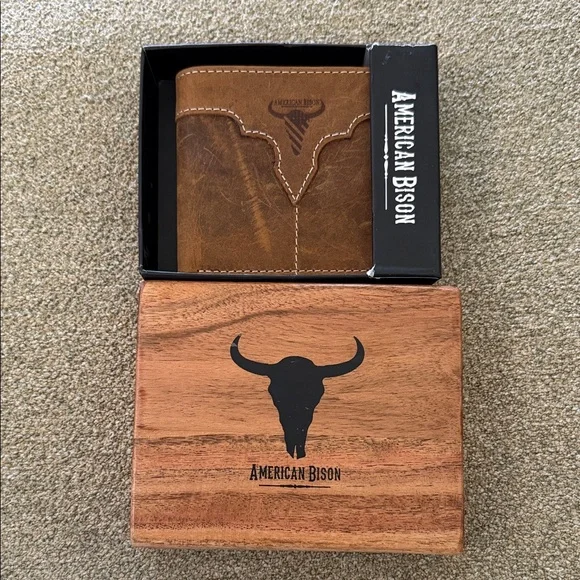 AMERICAN BISON GENUINE LEATHER BROWN MEN'S WALLET Tin Box NEW