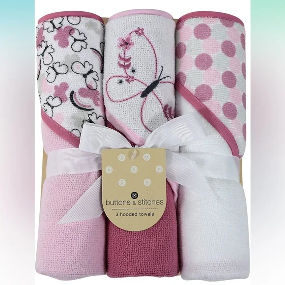 Cudlie Baby Girl 3 Pack Hooded Towels Butterfly & Polka Dot Print