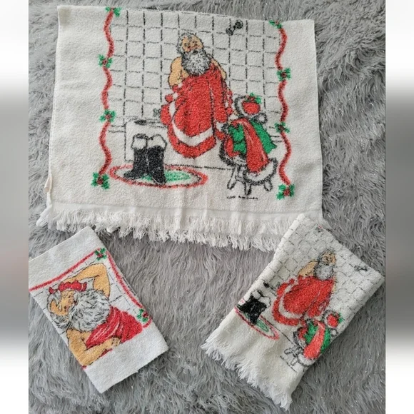 Vintage Cannon Christmas Santa Shower Bath Towel Set Hand Washcloth 1987 Set 3