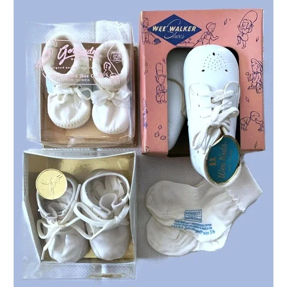 3 pr 1960s Baby Child Toddler Shoes Kid Leather Fabric Socks Orig Pkgs GUC Vtg