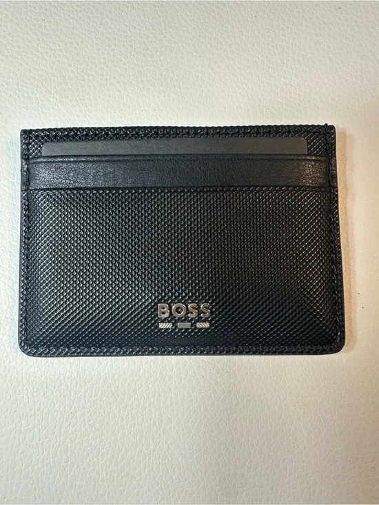 NEW Men’s Boss Jinko Black Textured Leather Card Case Wallet