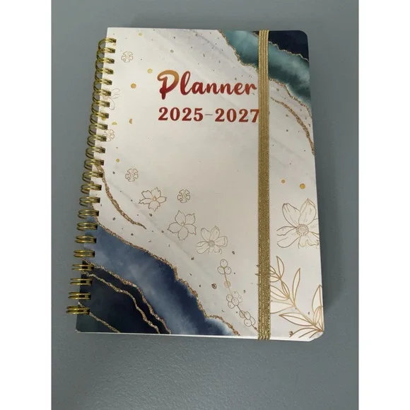 Planner Book 2025-2027 blue gold white floral weekly ‎ planner calendar with pen