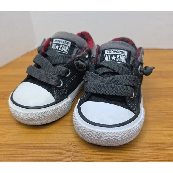 Converse All Star Low Top Toddler Shoes Black Gray Red Check Lining Size 4