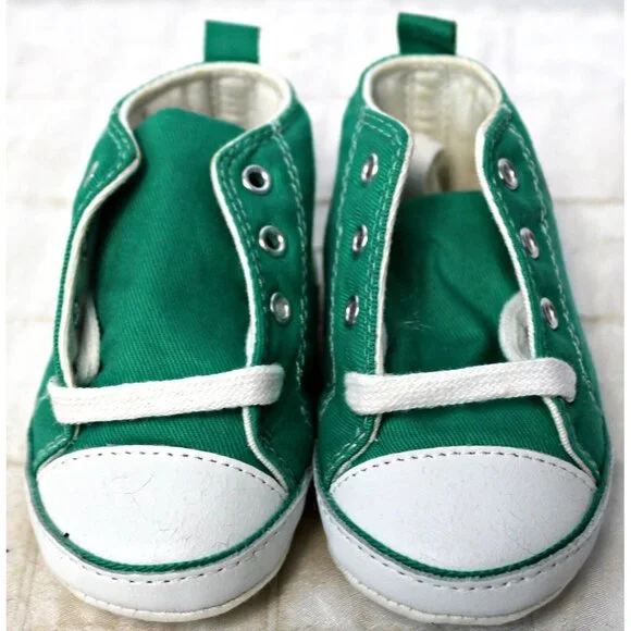 NEW Baby Gap Blue Crib Shoes Sz 3 Green Canvas Leather Classic American Hi Tops