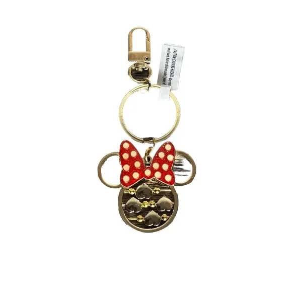 Disney Parks‎ Minnie Mouse Keychain Red Ribbon Polka Dot Gold Keyring Hearts NWT