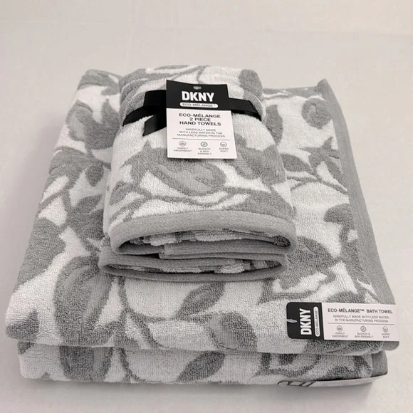 4pc DKNY ECO-MELANGE Super Soft Bath Towel Set - Paint Leaves Grey