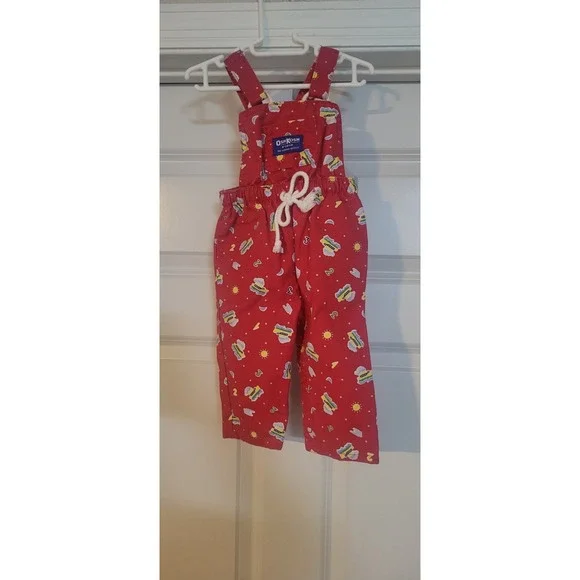 OshKosh B'gosh Vintage Red Bib Overalls Boat Numbers Print 6-9m