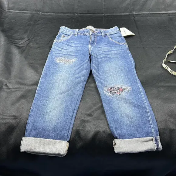 OshKosh B'gosh Girls Blue Jeans w Floral Fabric Rolled Cuffs Size 6Y‎ NWT