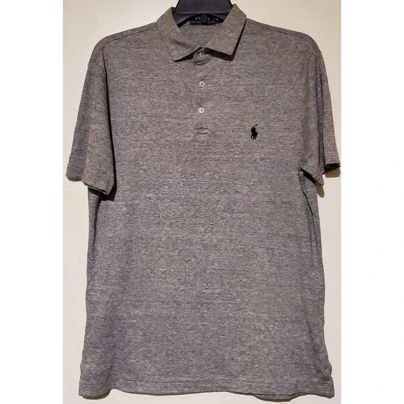 Mens RALPH LAUREN Medium Short Sleeve Gray w/ Black Pony Polo Shirt, 100% Cotton