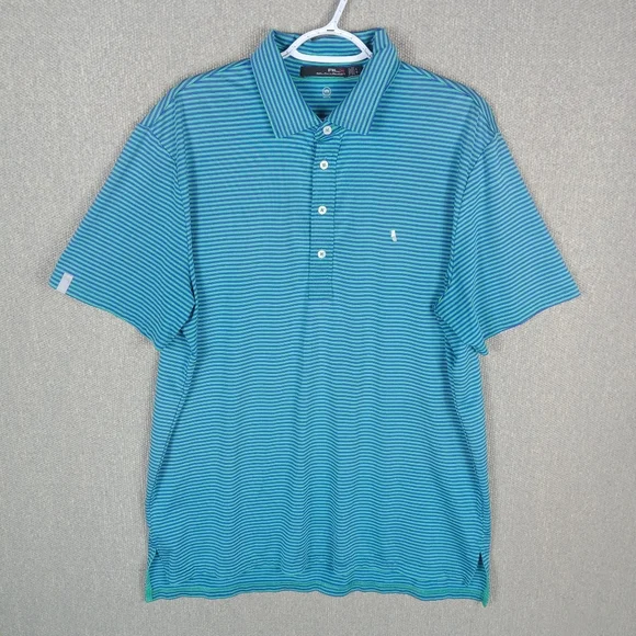 RLX Ralph Lauren Polo Shirt Blue Green Striped Large Golf Performance Preppy