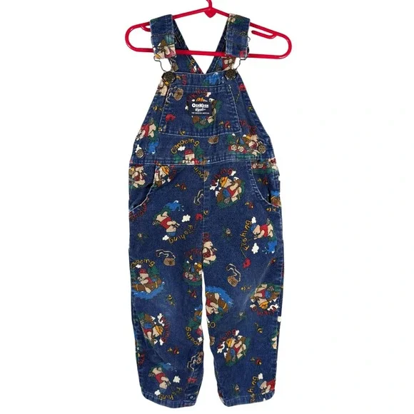 OshKosh B'gosh Vintage Corduroy Overalls Kids 2T Blue Camping Fishing Bear USA