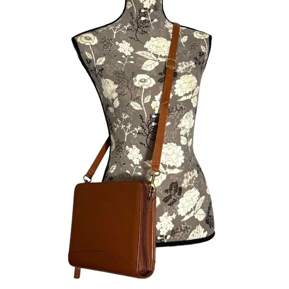 1990s FRANKLIN COVEY Crossbody Brown Leather Zip Around 7-Ring Planner 12215 USA