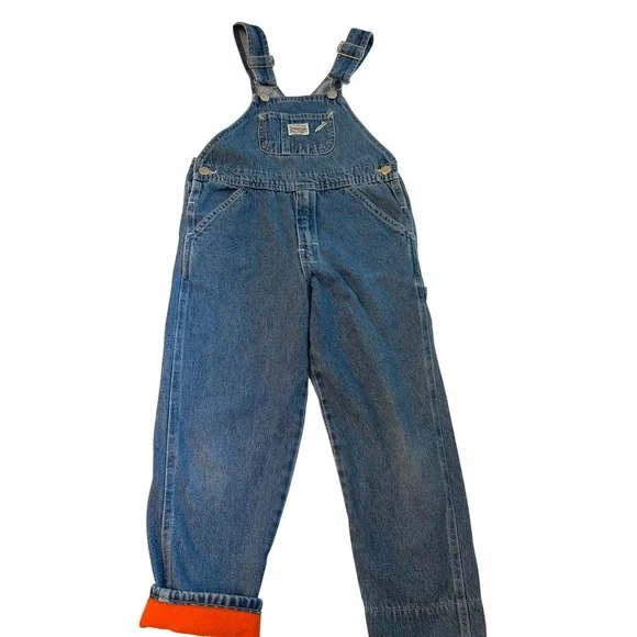Vintage OshKosh Bgosh Sz 6 Fleece Lined Cuffs Denim Overalls Blue Orange Bib