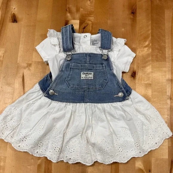 OshKosh B'gosh Overall Dress Complete Set 12M Denim with White Eyelet