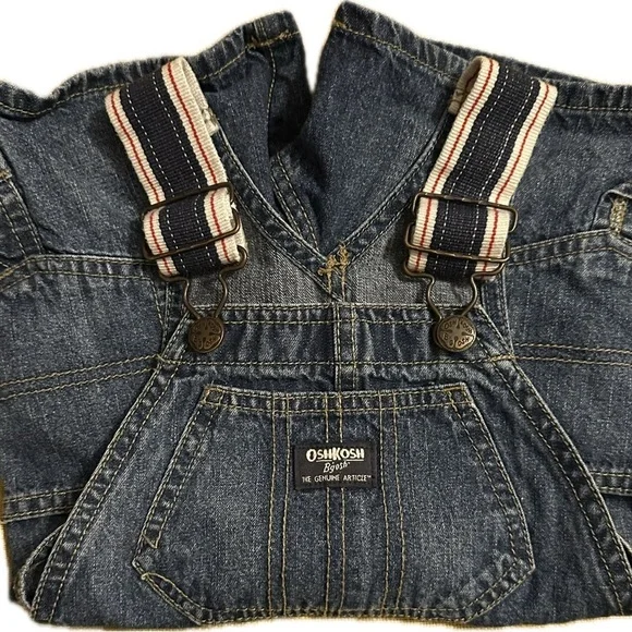 OshKosh B'gosh Blue Denim Overalls w/ Navy Striped Straps 2T Boat Americana July