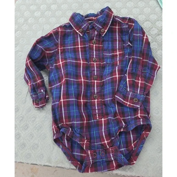 OshKosh Bgosh Baby Boy 18M Plaid Flannel Long Sleeve Shirt Bodysuit Purple Blue