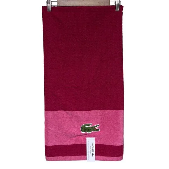 NEW! LACOSTE Pink Magenta Stripe Gator Logo Bath Towel 52