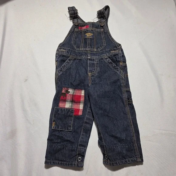 OshKosh Bgosh Baby Boys Dark Denim Plaid Moose Patch Vestbak Overalls 9 Months