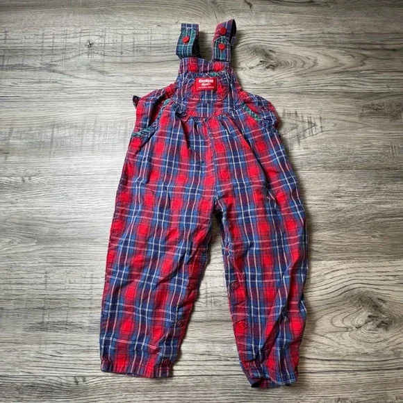 OshKosh B'gosh Overalls Toddler 3T Red Blue Plaid Vintage Made in USA Bibs Bow
