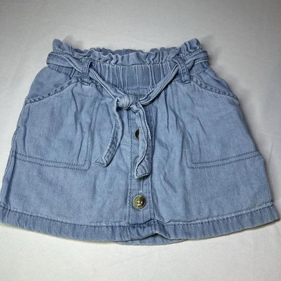 OshKosh B'gosh Girls Size 4 Denim Skirt Paperbag Waist Tie Belt Button‎ Front