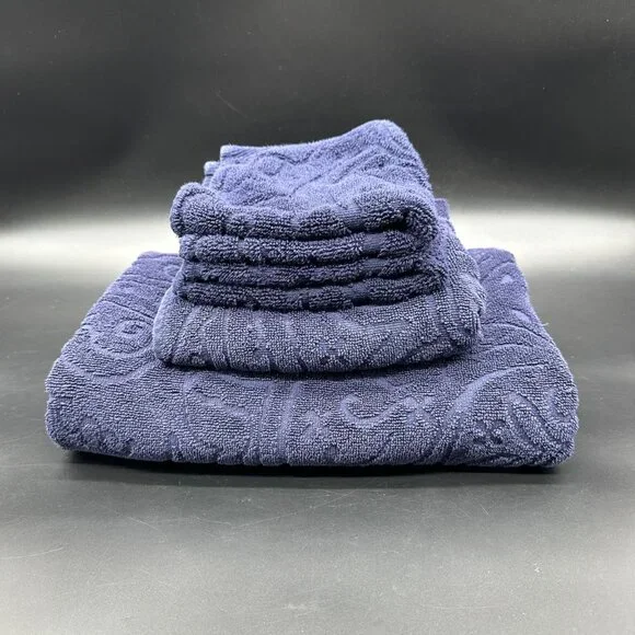 Lauren Ralph Lauren Blue Cotton Towel Set Sculpted Bath Hand Towel 2 Washcloths