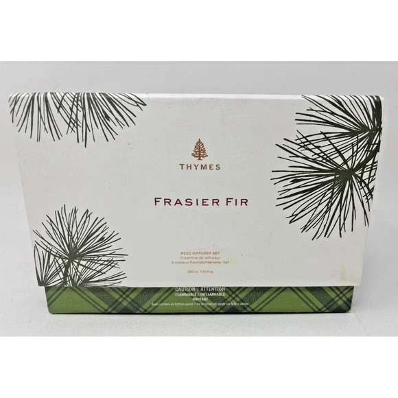 NIB Thymes Frasier Fir Reed Diffuser Set 7.75 oz Green Glass Vessel