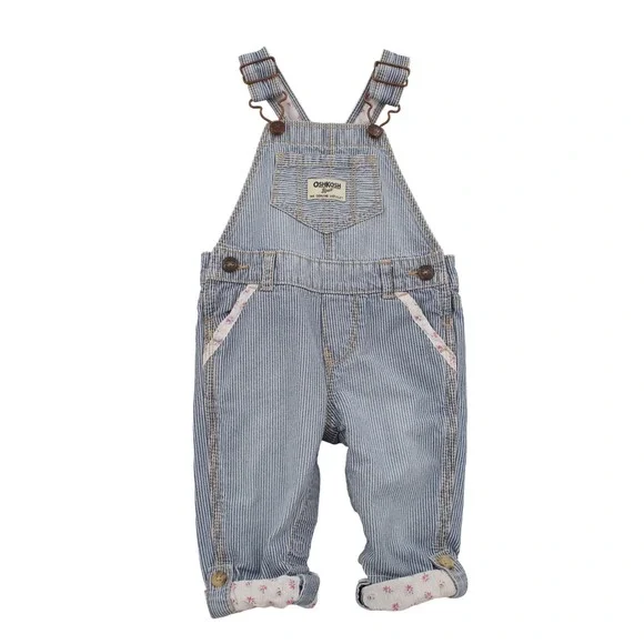 OshKosh Bgosh Baby Girls Hickory Stripe Floral Denim Overalls Blue‎ White 9M
